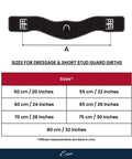 Anatomical Dressage Girth With Soft Calfskin Padding sizes chart, black leather, ergonomic design, various sizes in cm and inches.