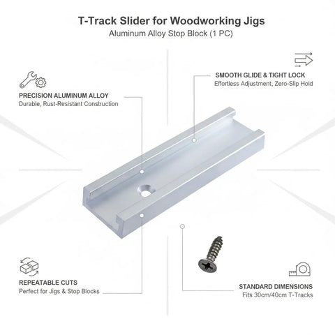 T Track Slider Stop Block For Woodworking Jigs And Table Saw And Miter Saw Accessories, aluminum alloy with screw visible