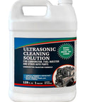 Heavy Duty Ultrasonic Carburetor Cleaning Solution One Gallon Sonic Bath Fluid in a white container, designed for engine part cleaning.