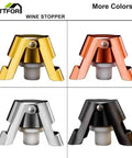 Leak Proof Champagne Stoppers With Stainless Steel Saver And Food Grade Silicone Keep Sparkling Wine Fresh Up To 7 Days Fits Champagne Cava Prosecco And Sparkling Wines Silver 2 Pack displayed in four colors: gold, copper, silver, and black.