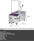 Built Tough Commercial Fryer Oil Filter Machine With Five Layer Stainless Steel Cartridge And Quick Automatic Return Flow For Real Restaurant Hustle Straight Up 10 Gallon Size with dimensions and features.
