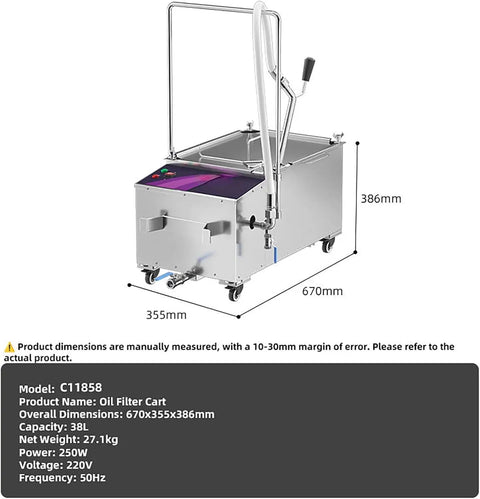Built Tough Commercial Fryer Oil Filter Machine With Five Layer Stainless Steel Cartridge And Quick Automatic Return Flow For Real Restaurant Hustle Straight Up 10 Gallon Size with dimensions and features.