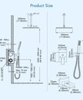 Dimensions and specifications of Ceiling Mount Shower System With 12 Inch Rainfall Head, Handheld Spray, And Waterfall Tub Spout 3 Function Brass Faucet Set In Polished Chrome For High Pressure Durable Build Easy Install