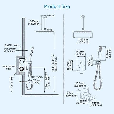 Dimensions and specifications of Ceiling Mount Shower System With 12 Inch Rainfall Head, Handheld Spray, And Waterfall Tub Spout 3 Function Brass Faucet Set In Polished Chrome For High Pressure Durable Build Easy Install