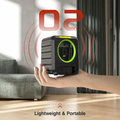 Hand holding Cross Line Laser Level For DIY Projects With Self Leveling In Under 3 Seconds, 100ft Range, displayed as lightweight.