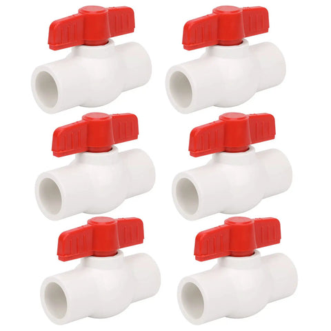 Six Pack One Half Inch PVC Ball Valves With Red T Handle For Cold Water Lines And Irrigation, heavy duty PVC valve set