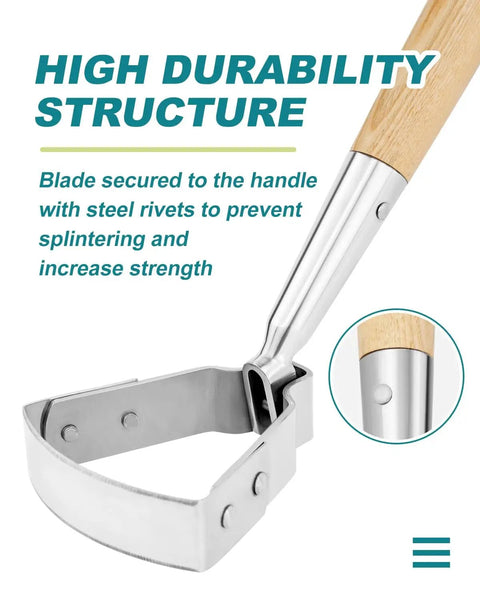 Close-up of Stirrup Hoe Weeding Tool With 16 Inch Hardwood Handle, showing durable stainless steel blade and ash handle attachment.