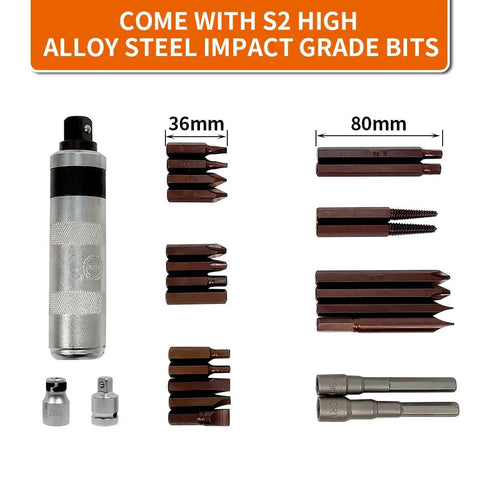 Impact Driver Set 26 Pcs With One Half And Three Eighths Drive Reversible Manual Extractor Kit S2 Steel Hex Bits