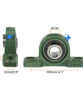 4 Pack UCP205-14 Pillow Block Bearing With 7/8 Inch Bore, Solid Cast Iron Base Mounted Housing, Self Aligning Insert Bearing Block For Smooth, Low Friction, Quiet Operation In Machinery And Conveyor Setups. Green cast iron pillow block bearing, side and front views with 7/8 inch bore and 105mm base
