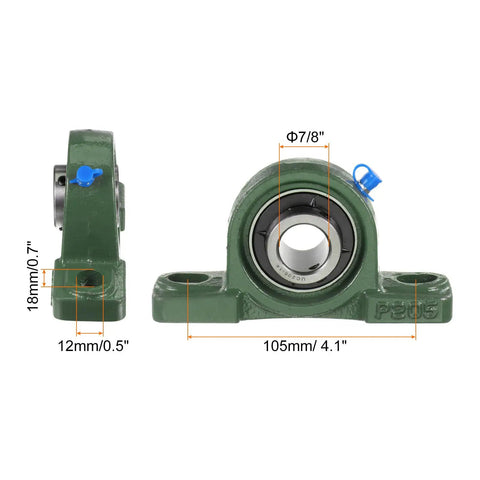 4 Pack UCP205-14 Pillow Block Bearing With 7/8 Inch Bore, Solid Cast Iron Base Mounted Housing, Self Aligning Insert Bearing Block For Smooth, Low Friction, Quiet Operation In Machinery And Conveyor Setups. Green cast iron pillow block bearing, side and front views with 7/8 inch bore and 105mm base