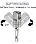 360 Degree Rotating Power Drill Bit Extension Set With One Quarter Inch Three Eighths And One Half Inch Socket Adapters Impact Grade 105 Degree Angle
