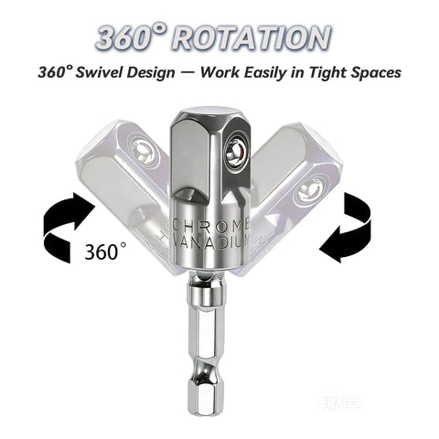 360 Degree Rotating Power Drill Bit Extension Set With One Quarter Inch Three Eighths And One Half Inch Socket Adapters Impact Grade 105 Degree Angle