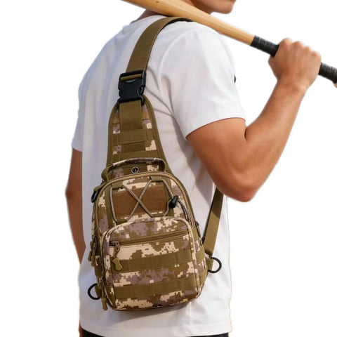 Man wearing Waterproof Tactical Crossbody Backpack With MOLLE System, military camouflage, side view, outdoors