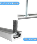 Close-up of Eight 12 Inch Aluminum T Tracks With Screws Kit For Woodworking Jigs And Fixtures showing bolt fitting