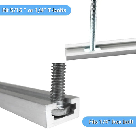 Close-up of Eight 12 Inch Aluminum T Tracks With Screws Kit For Woodworking Jigs And Fixtures showing bolt fitting