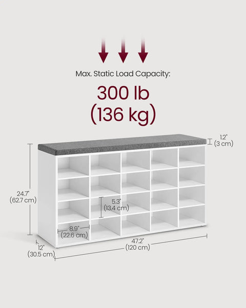Diagram of Open Storage Shoe Bench with Padded Seat and 20 Compartments, 300 lb capacity, dimensions 12x47.2x24.7 inches, Cloud White and Dove Gray