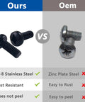 Comparison of Black Rear License Plate Screws 8 Pack M6-1.0 vs OEM screws highlighting rust resistance and material differences