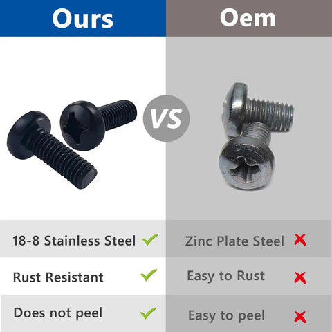Comparison of Black Rear License Plate Screws 8 Pack M6-1.0 vs OEM screws highlighting rust resistance and material differences