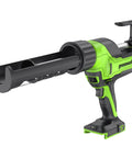 Cordless 24V Caulk Gun With 10 Oz Capacity, 6 Speed Variable Flow, anti drip design in green and black, side view