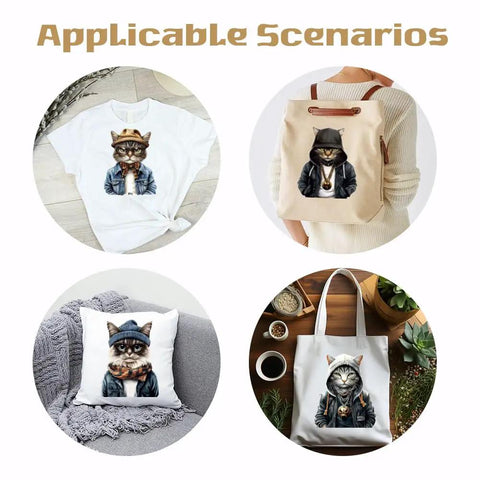 Image showing Six Piece Street Style Cat Iron On Transfers on T-shirt, backpack, pillow, and tote bag for DIY clothing gifts.
