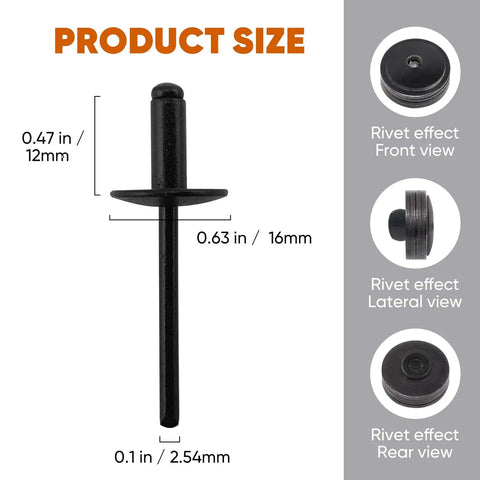 All Black Large Flange Aluminum Blind Rivets 3 16th By 1 2 Inch Open End, 110 Piece Set with size details and views.