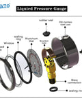 Exploded view of glycerin filled 2 inch dial pressure gauge dual scale 0 to 160 psi bar kpa with brass one quarter inch NPT connection