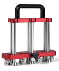 Red and silver three station sheet metal bender edge roller, pro-grade bending tool for standing seam roofing, DIY projects
