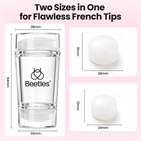 Six Piece French Tip Nail Stamp Kit With Silicone Stamper Replacement Heads And Scrapers Easy DIY Nail Art Tool highlighted with sizes