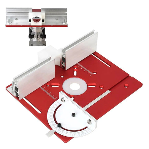 Top Notch Aluminum Router Table Insert Plate Featuring Crisp Measurement Scale And Rock Solid Flip Base For High Precision Woodworking Jobs Finished Off Nicely In Cool Sky Blue with red accents and measurement markings.