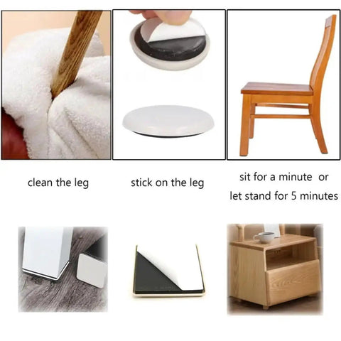 Clean chair legs and apply glue before attaching Chair Pads Floor Protectors For Chairs And Tables Self Adhesive Felt Pads Rubber Feet Glide Cushions No Slip 4 Pack Quiet Move Anti Scratch Heavy Furniture For Hardwood Floors.
