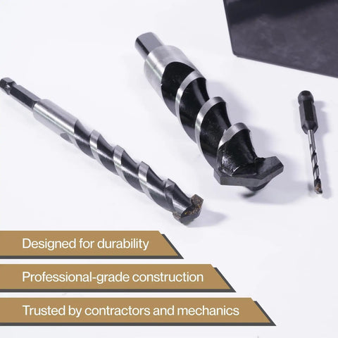 Top Notch 18-Piece Rodman Silver Bullet Drill Bit Kit For Pros To Smash Steel, Concrete, Tile, Wood And Glass With Ease On Any Job Site. close-up drill bits