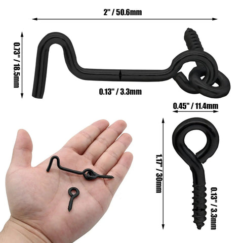Badass Heavy Duty Two Inch Swivel Eye Latch Set Of 8 Secures Exterior Garden Gates Wood Doors And Fences With Rust Proof Black Mounts Fastened Tight For Tough All Season Use showing measurements and hand for size reference.