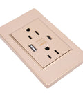 15 Amp Dual Usb Wall Outlet With Fast Charging Usa Ports And V0 Flame Retardant Pc Panel With Built Different Steel Frame Heavy Duty Replacement Receptacle For Bedroom And Living Room in beige finish.