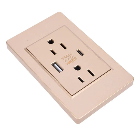 Top Tier 15 Amp Wall Outlet With Rock Solid Metal Faceplate and Smooth Dual USB C Plus USB A Charging Ports For Quick Plug In Home Or Office Setup Us Standard Plug, gold.