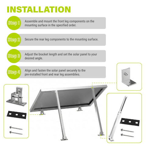 Installation guide for Adjustable Solar Panel Tilt Mount Brackets For RVs And Roofs 15 To 30 Degree Tilt Fits Most Standard Panels.