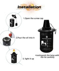 Installation steps for torch fuel canister with screw cap, oil pouring, lighting, and extinguishing illustrated in four stages.