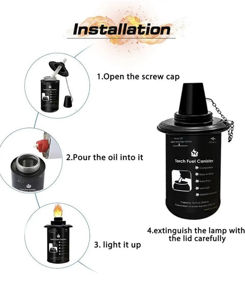 Installation steps for torch fuel canister with screw cap, oil pouring, lighting, and extinguishing illustrated in four stages.