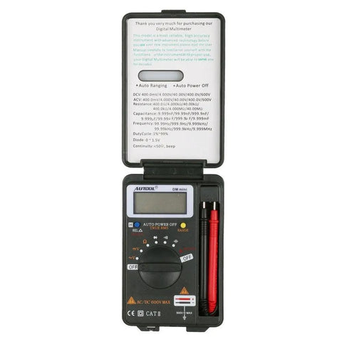 Pocket Digital Multimeter Handy Little DMM for AC DC Measurements, Frequency Tester, open view with display and probes