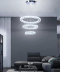 Slick Three Ring Crystal LED Chandelier Pendant Light With Adjustable Height, 47W Cool White, K9 Crystal, in modern living room