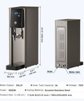 Dimensions and features of 1800W Commercial Hot Water Boiler Countertop Dispenser With On Tap 20L Per Hour Rapid Heating 304 Stainless Steel.