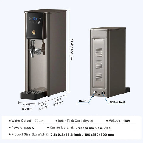 Dimensions and features of 1800W Commercial Hot Water Boiler Countertop Dispenser With On Tap 20L Per Hour Rapid Heating 304 Stainless Steel.