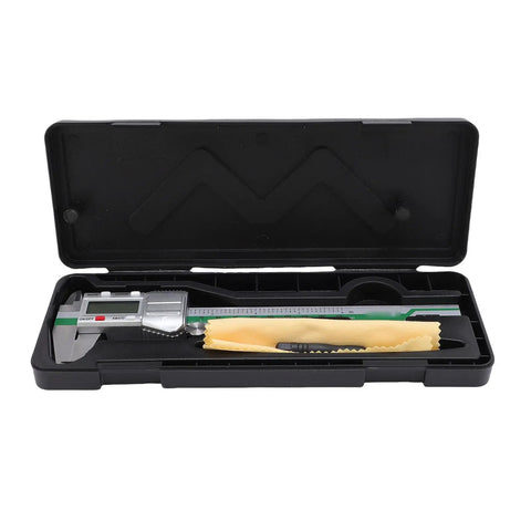 Mingzhe Digital Caliper 6in, IP54 Splashproof, Stainless Steel in protective case with measuring tools.