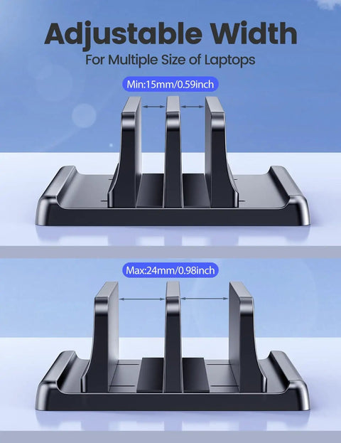 Vertical Laptop Stand For Desk With Dual Slots Space Saving 4 In 1 Design Adjustable Width Laptop Organizer For MacBook Mac HP Dell Microsoft Surface Lenovo Keeps Your Desk Clean And Your Productivity On Point, viewed from front showing adjustable dual slots.