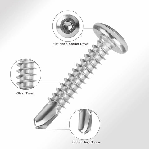 Top Shelf Boss Level Flat Head Hex Socket Sheet Metal Screws 100 Piece Set M4 Self Tapping Rugged Stainless Steel Hardware Kit With Allen Wrench For Tough DIY Projects close-up of flat head hex socket screw showing thread and drive detail.