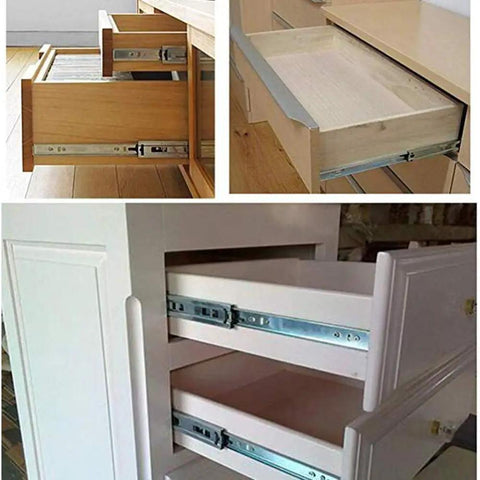 Beefed Up Heavy Duty Soft Close Drawer Slides With Lock, Push To Open Drawer Runners on wooden and white cabinets.