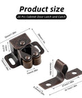Tough As Nails Cabinet Door Latch And Double Roller Catch Hardware with size measurements in brown antique copper finish