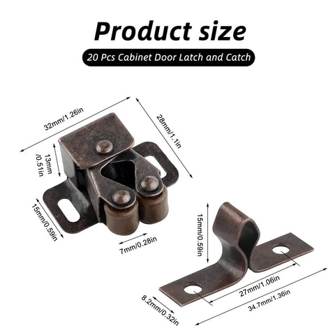 Tough As Nails Cabinet Door Latch And Double Roller Catch Hardware with size measurements in brown antique copper finish