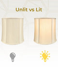 Beige Drum Lamp Shade 13 x 14 x 14 With Silk Type Shantung Exterior And Premium Off White Styrene Lining, unlit vs lit view