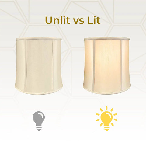 Beige Drum Lamp Shade 13 x 14 x 14 With Silk Type Shantung Exterior And Premium Off White Styrene Lining, unlit vs lit view