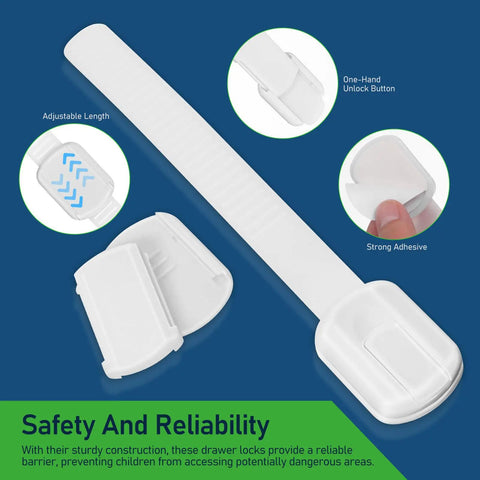 12 Pcs White ABS Cabinet Locks For Kidproofing Drawers And Appliances With Easy Install And Reliable Security Plus Adjustable Furniture Straps